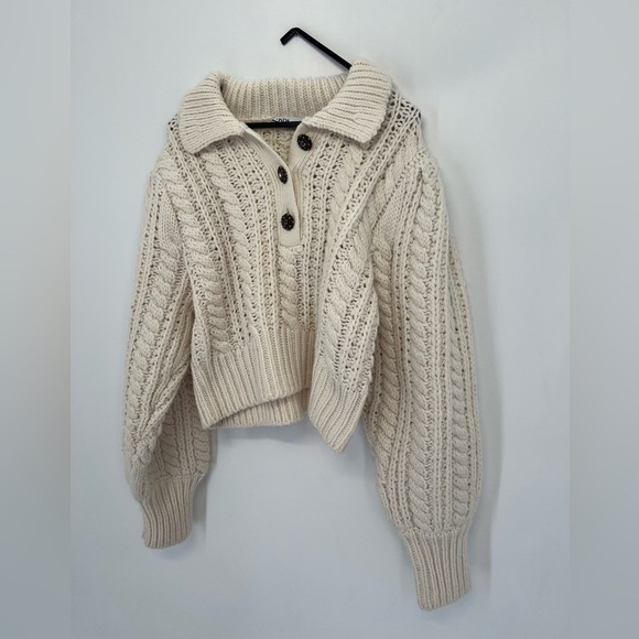 Zara Chunky Wool Blend Knit Collar Half Jeweled Large Button Cable-knit Sweater - Picture 5 of 7